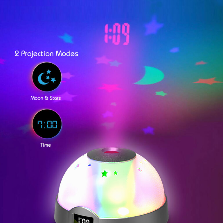 The AuraLED LED Projection Clock has 2 fun and easy-to-set light modes that let you project the time or a moon and stars display on your ceiling.
