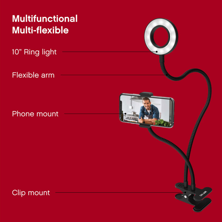 All of the features of the ON AIR Halo Flex Duo, including the 10” ring light, clip mount, phone mount, and flexible arm.