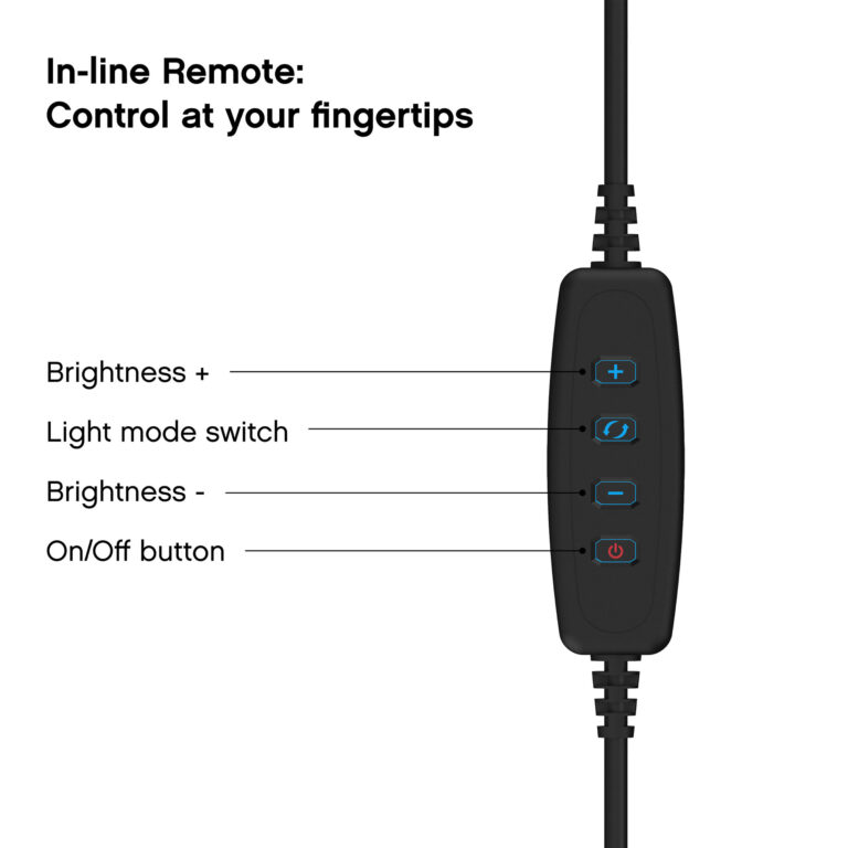 Closeup of the in-line remote and its buttons, including the ON/OFF button, light mode switch, and brightness buttons.