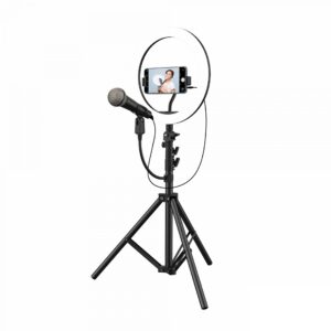 The ON AIR Halo Light Duo with a smartphone in the phone mount up against a white background.
