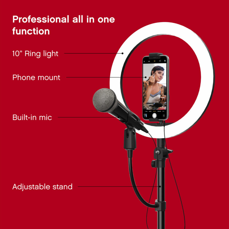 All of the features of the ON AIR Halo Light Duo, including the 10” ring light, built-in mic, phone mount, and adjustable stand.