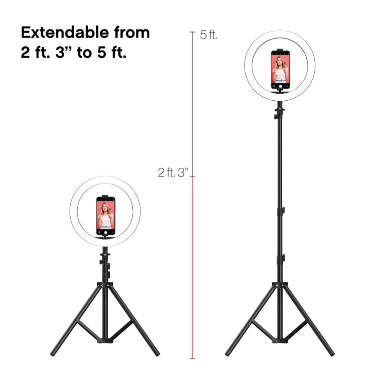 The ring light’s adjustable stand with a smartphone in the phone mount at its shortest height of 2’3” (left) and tallest at 5’ (right).