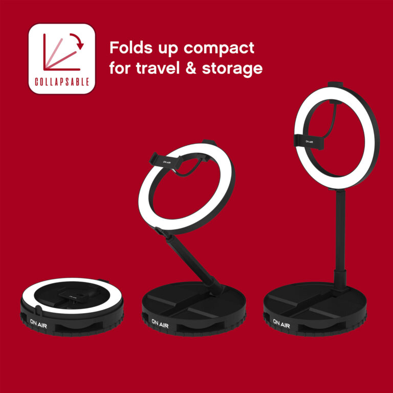 Three separate variations of the ring light as it is unfolded, showcasing its compact and portable design that’s ideal for travel and storage.