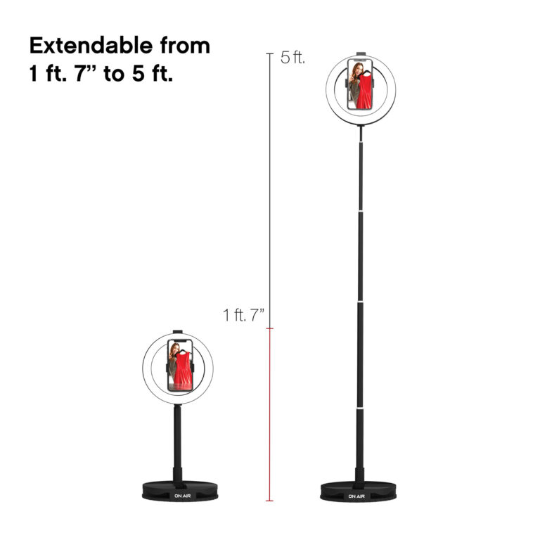 The ring light’s adjustable stand with a smartphone in the phone mount at its shortest height of 1’7” (left) and tallest at 5’ (right).