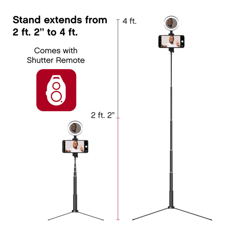The ring light’s adjustable stand with a smartphone in the phone mount at its shortest height of 2’2” (left) and tallest at 4’ (right).