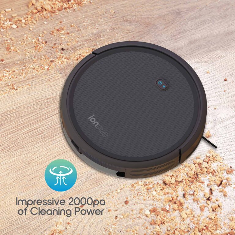 A mess of crumbs and debris being cleaned from a hardwood floor swiftly and effectively, thanks to the Tzumi Smart Home App’s settings.