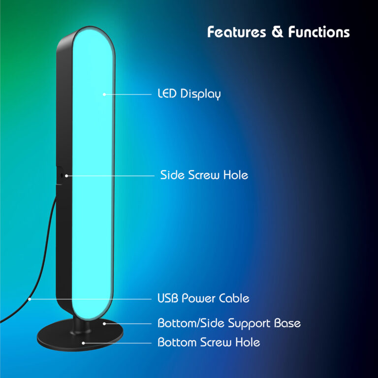 All of the ColorBar’s features, include its bottom screw hole, bottom/side support base, USB power cable, side screw hole, and LED display.