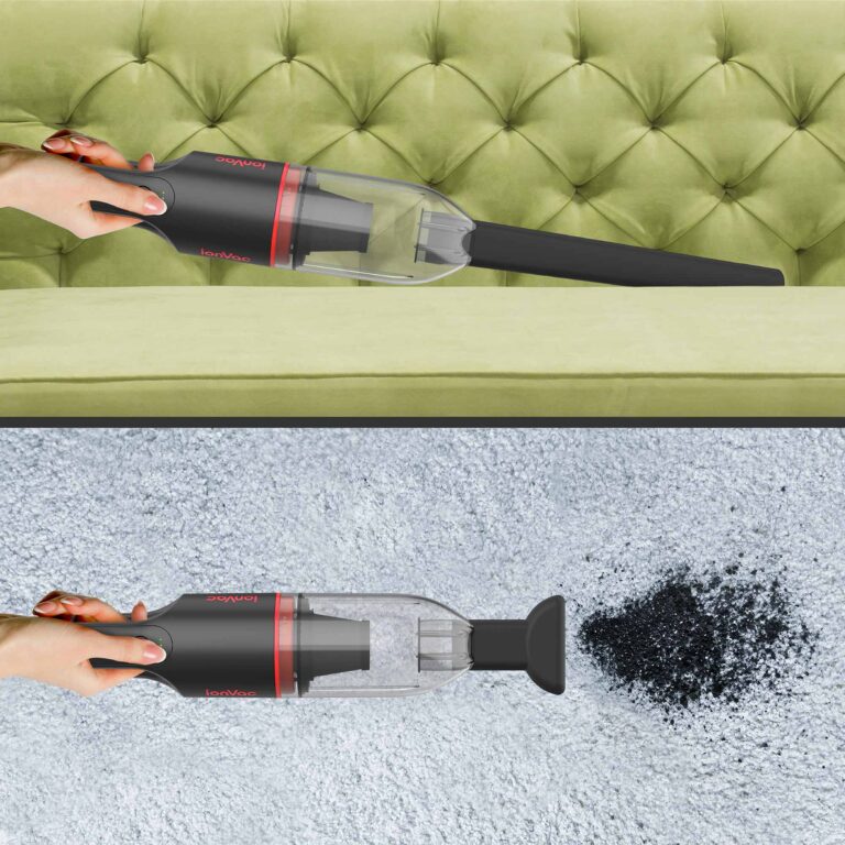 The woman uses the dust buster vacuum to pick up dust on her couch (top) and dirt and debris on her living room floor (bottom).