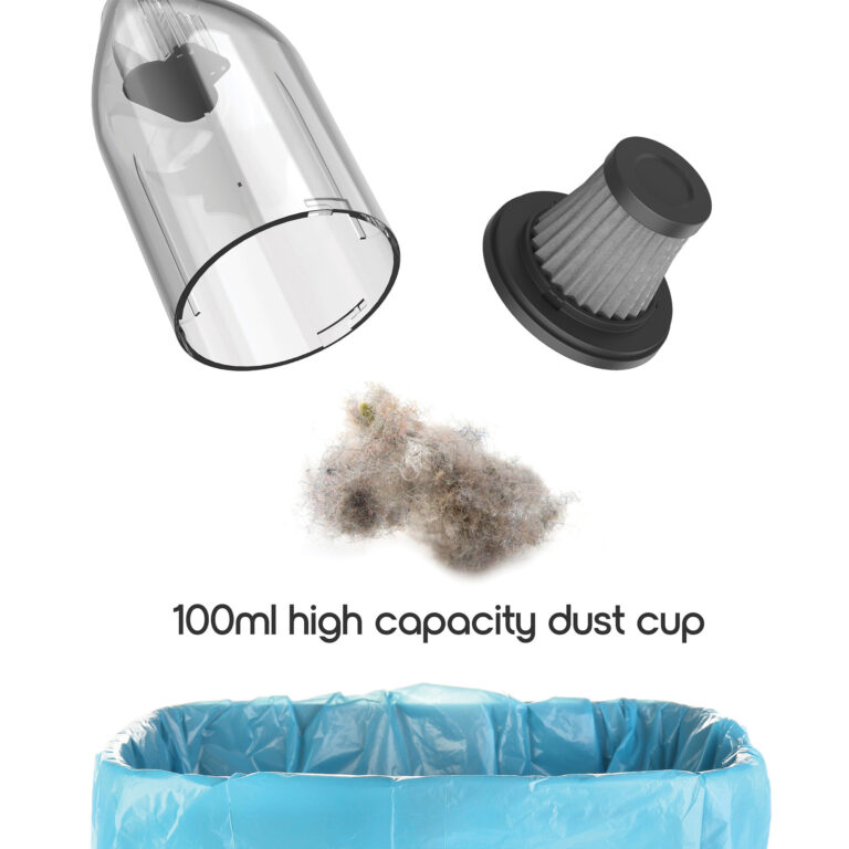 The vacuum filter and 100ml dust cup float in the air as the dust that had been collected are emptied into a trashcan.