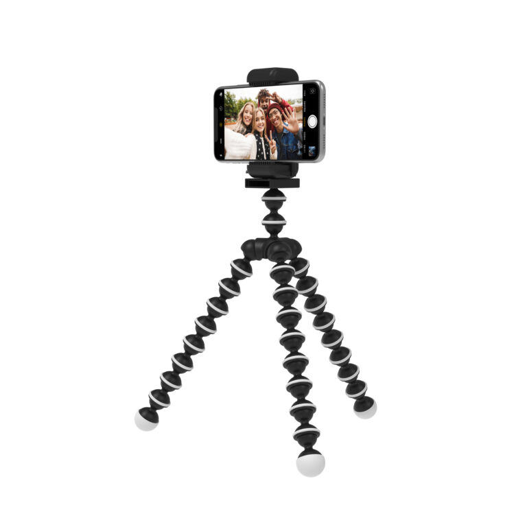 The On Air Selfie Tripod with a smartphone in the phone mount up against a white background.