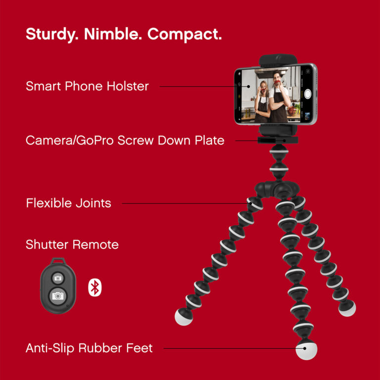 All of the Selfie Tripod’s features: phone holster, camera/GoPro screw down plate, flexible joints, shutter remote, and anti-slip rubber feet.