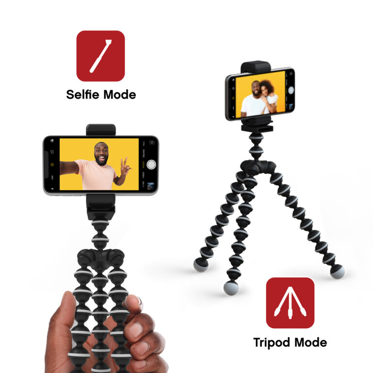 The Selfie Tripod in both its selfie mode (left) and tripod mode (right), demonstrating the two ways you can use the device to take pictures.