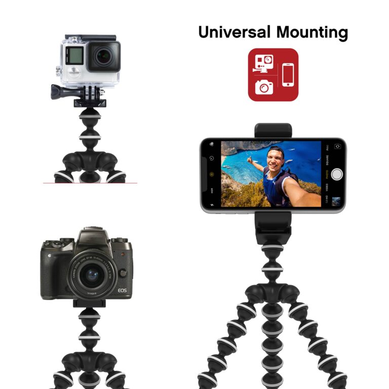 3 different devices mounted on the tripod to portray its universal mounting capabilities.