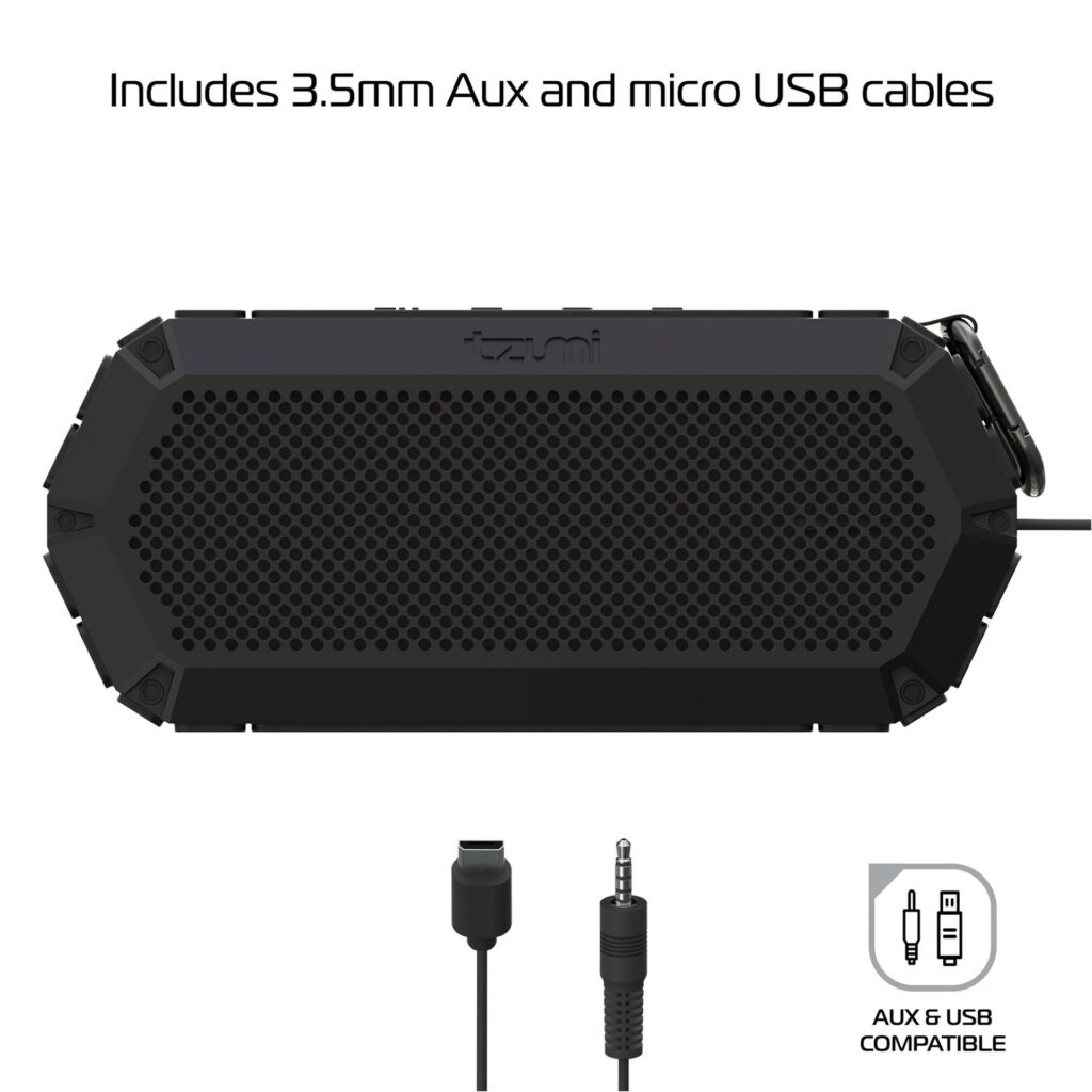 The tzumi AquaBoost Boom Speaker along with its included 3.5mm AUX and Micro-USB cables.