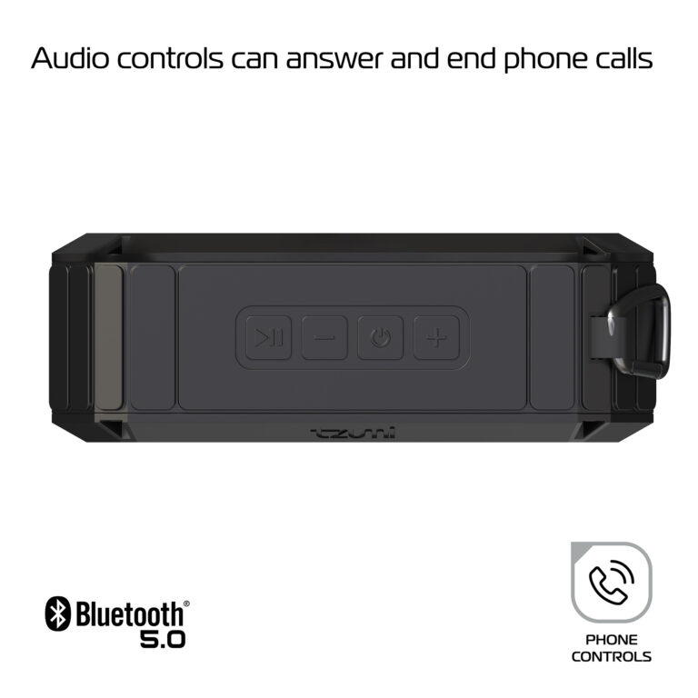 The speaker’s audio control buttons let you answer and end phone calls.