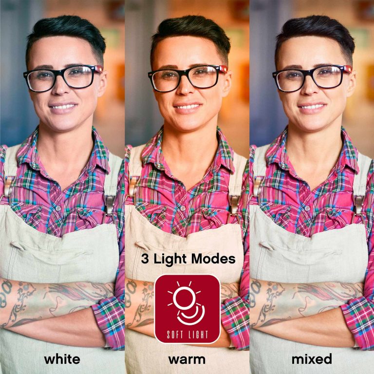 A 3-way split screen of a woman standing with her arms crossed, with each screen featuring one of the ring light’s different light modes.