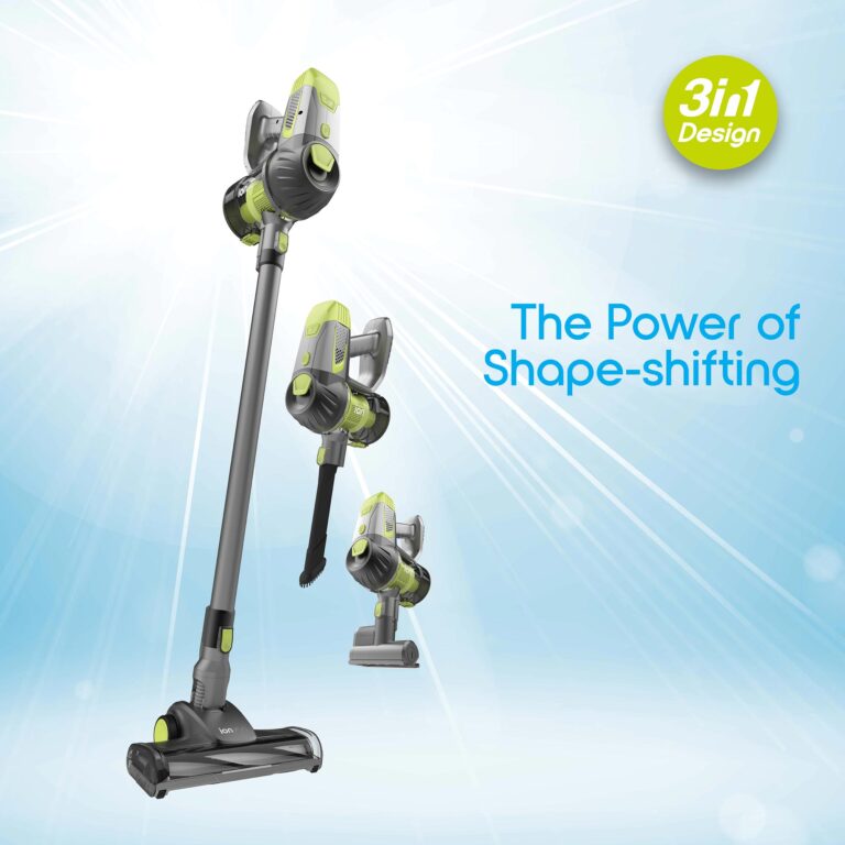 The vacuum with its various attachments, in its 3 distinct configurations, showcases its 3-in-1 shape-shifting design.