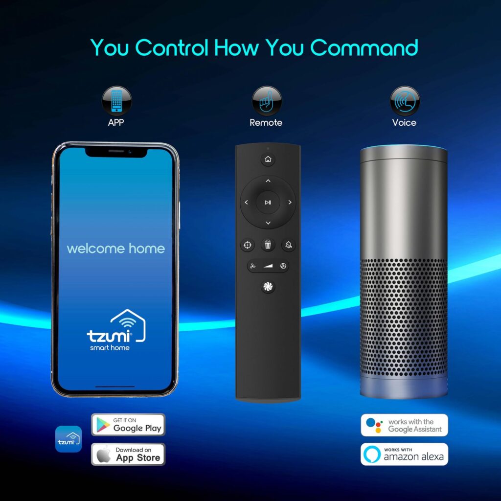 The Tzumi Smart Home App, the included remote, and an intelligent speaker are next to each other, portraying the 3 ways you can control the vacuum.