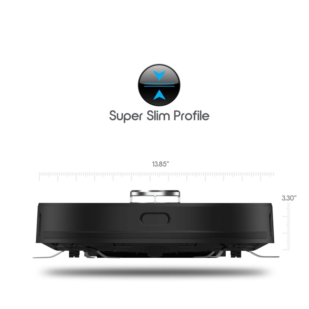 Side view of the robot vacuum to showcase its dimensions and super slim profile.