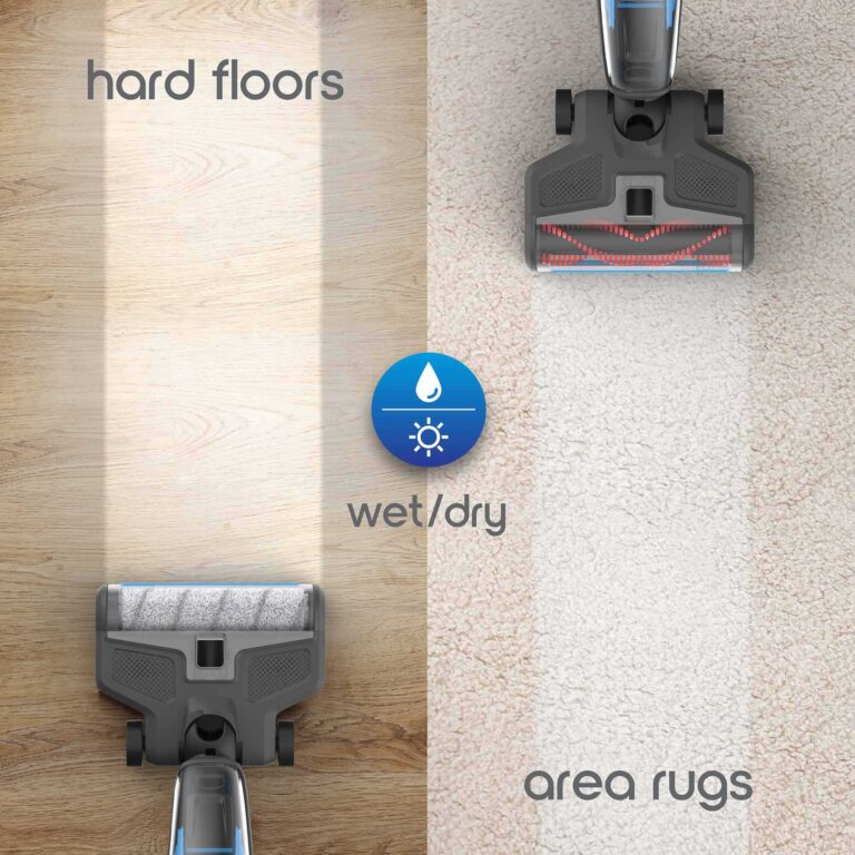 Split screen of the vacuum being used to clean up both wet and dry messes on someone’s hardwood floor and area rug.