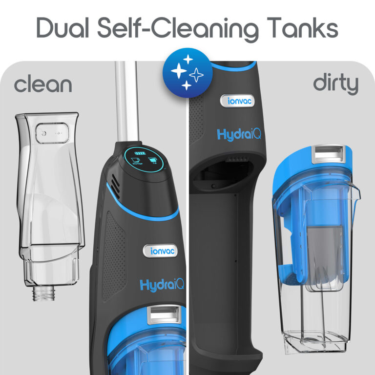 Split screen of the HydraiQ’s dual self-cleaning tanks: clean (left) and dirty (right).