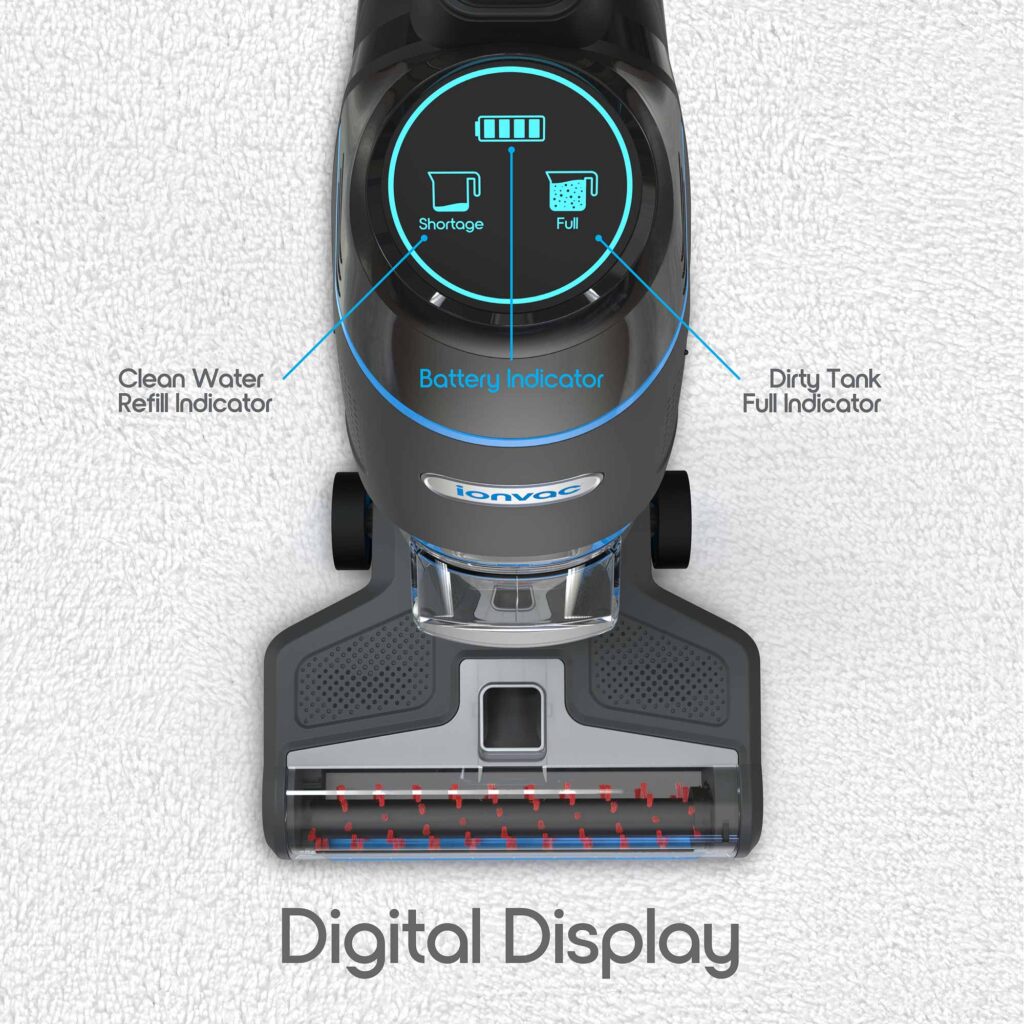 Top-down view of the vacuum’s easy-to-read digital display to provide an overview of all of its features.
