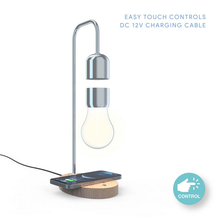 The Atmospheres Gravity Lamp (featuring easy-to-use touch controls) and its power cord are against a white background.