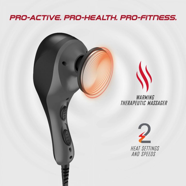 Glowing massage head on the PROfit Heated Massage Gun, demonstrating that it’s a warming therapeutic massager with 2 speeds and heat settings.