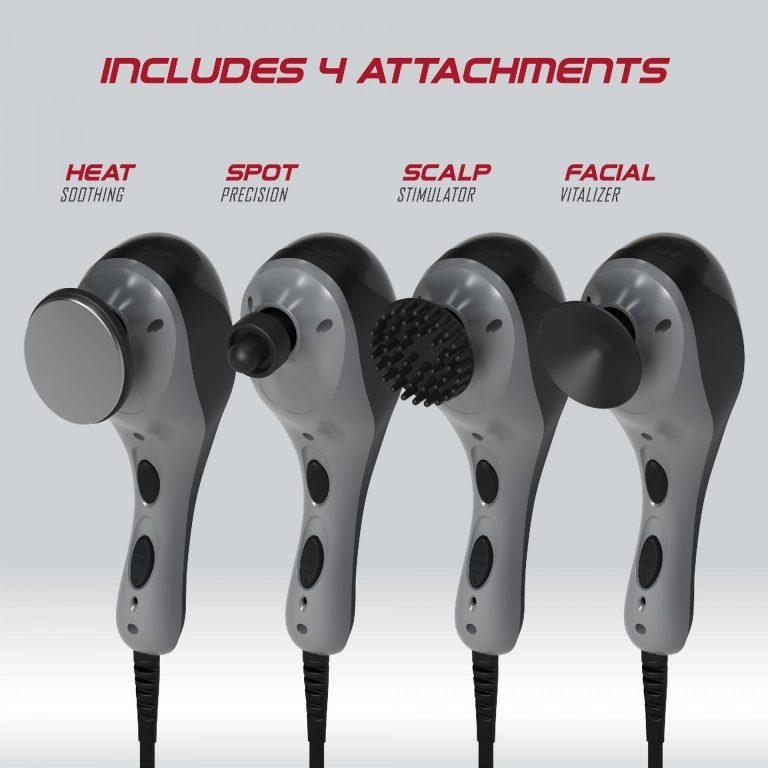 Four heated massage guns side by side, each with a different attachment head (Heat, Spot, Scalp, and Facial).