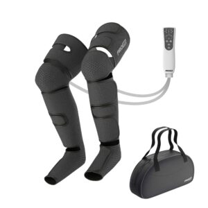 The PROfit Leg Compression Massager is up against a white background, along with its portable carrying case.