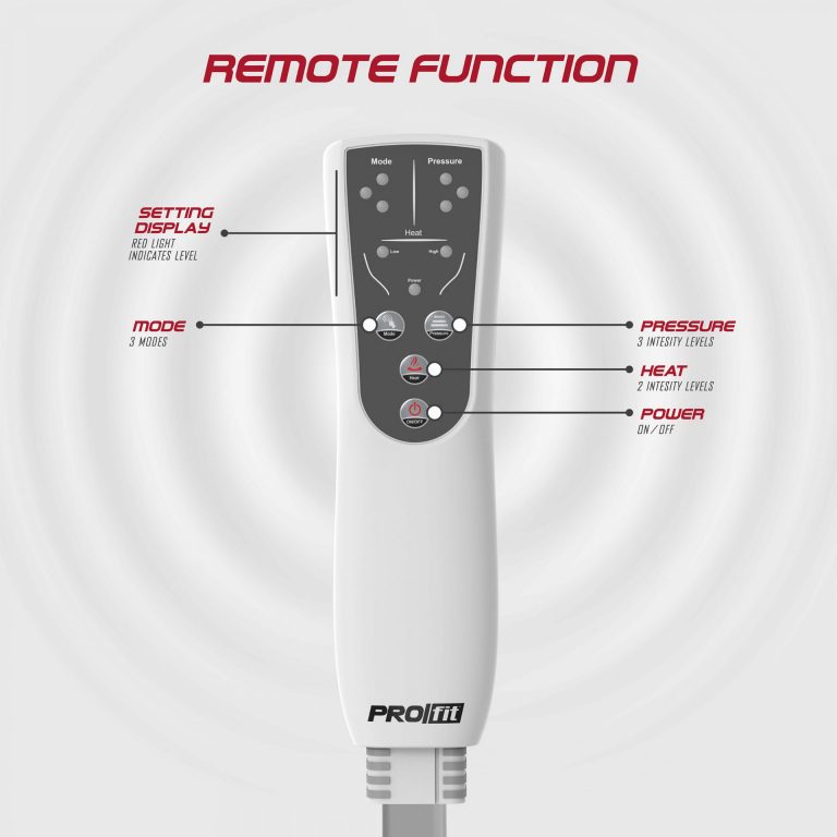 A close-up of the included remote showcasing its buttons that control the pressure, heat, massage mode, and more.