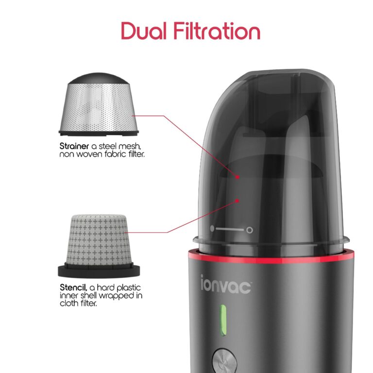 The vacuum’s dual filter, with the Strainer (top) and Stencil (bottom), works in unison to keep things running smoothly.