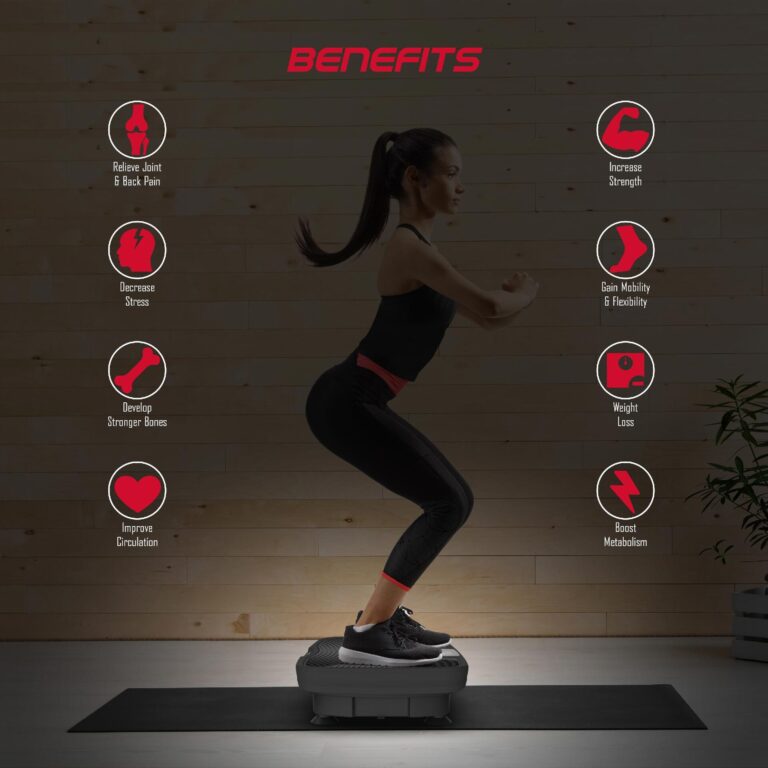 An athlete squatting on the board, as multiple callouts indicate the various benefits that the board can provide.