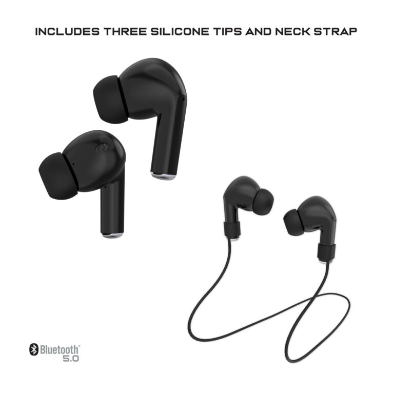 The wireless earbuds feature three silicone tips and a durable neck strap for added comfort and convenience.