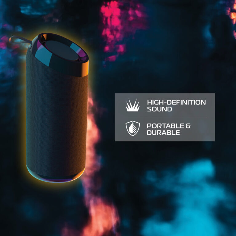 The powerful and compact speaker up against a black background with streaks of blue, orange, and purple.