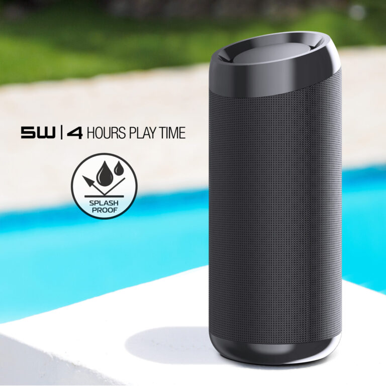 The tzumi AquaBoost Boom Speaker safely sitting on a ledge next to a pool thanks to its water-resistant and splashproof design.