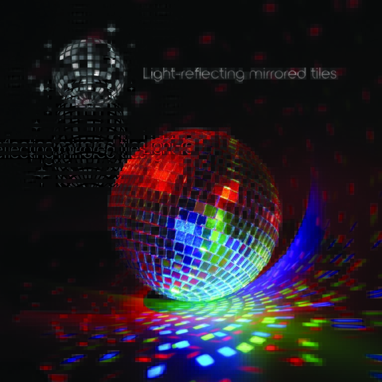 The disco ball’s light-reflecting mirrored tiles lit up in red, green, and blue against a black background.