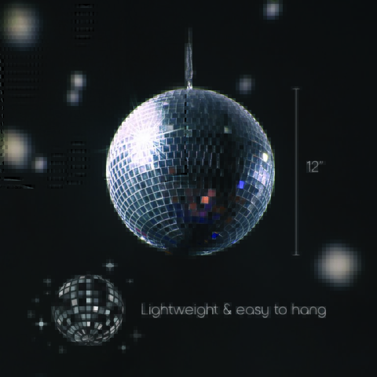 The disco ball and its hanging ring, showcase its lightweight and compact design that’s easy to hang.