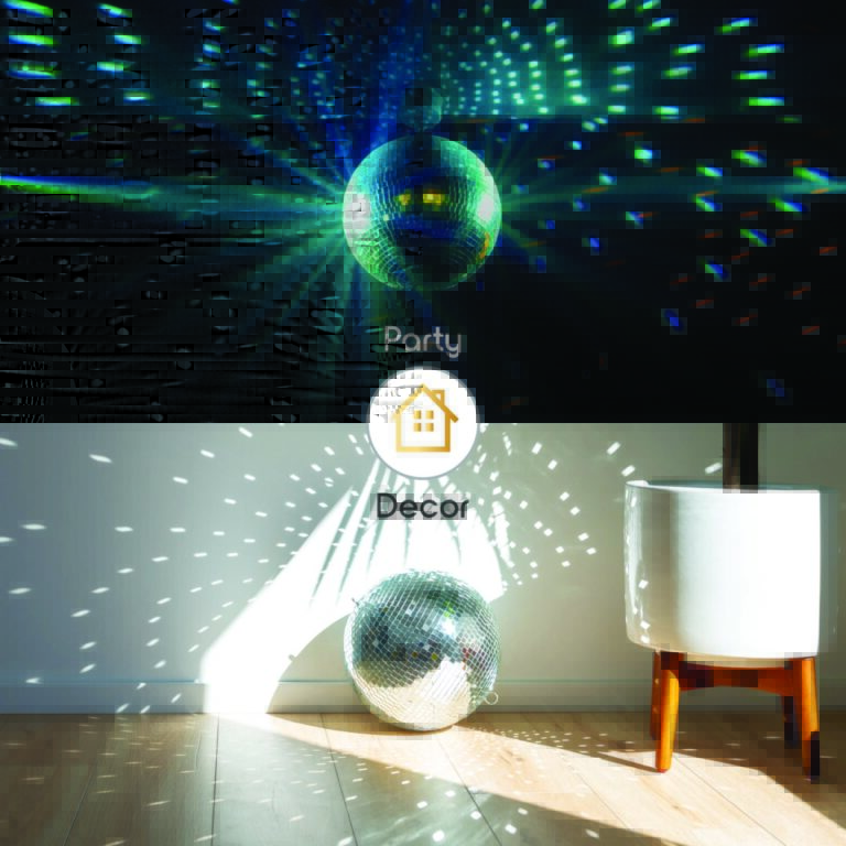 Split screen of the disco ball being used in a dark room at a club party (top) and as lighting décor in a living room (bottom).