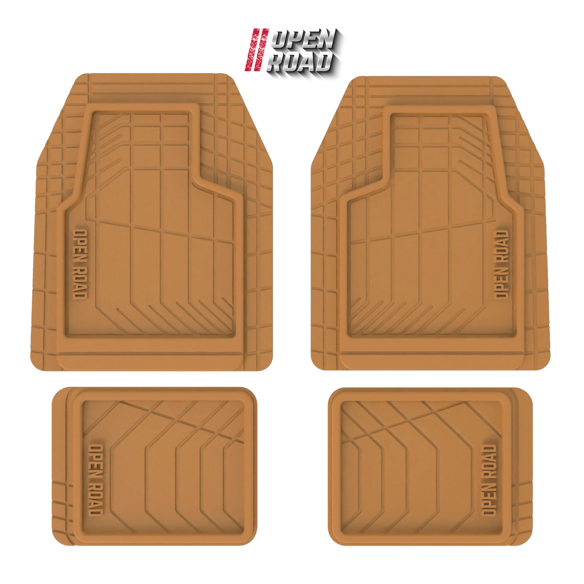 Open Road All-Weather Car Floor Mats Set, Heavy Duty Trim-to-Fit Universal Floor Liners, Front and Rear, Tan/Black/Gray