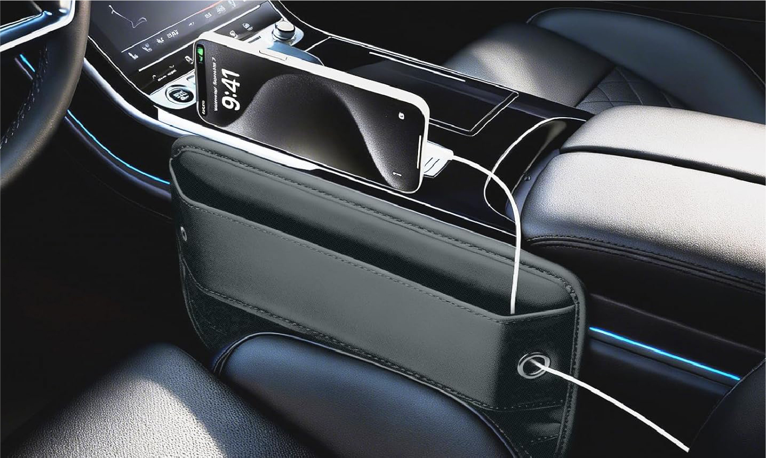 A woman sitting while wearing a black heated belt