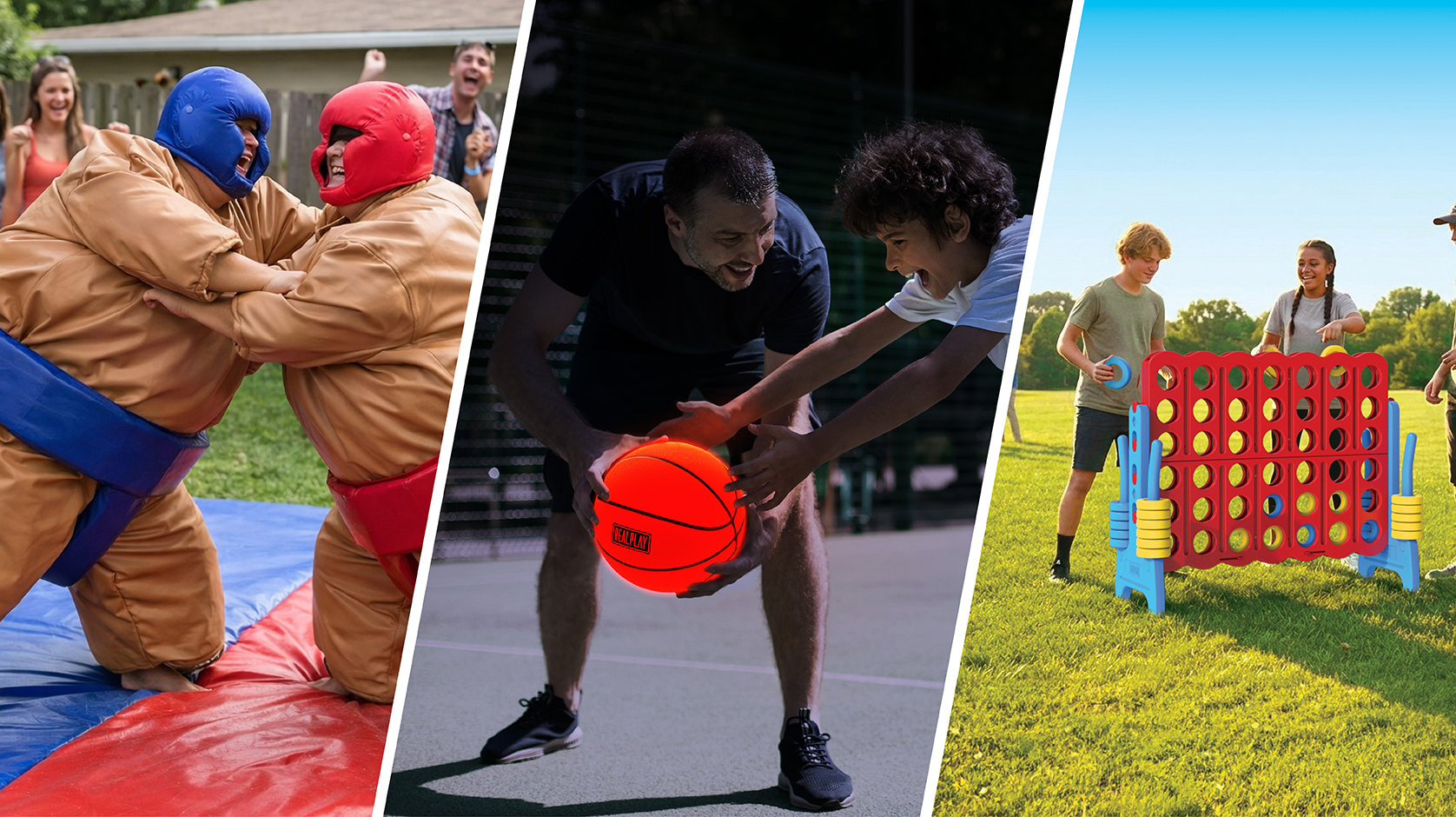 Image showing a woman slicing cucumbers into a fitrx blender another lifting blue dumbbells and one using a black massage gun post-workout