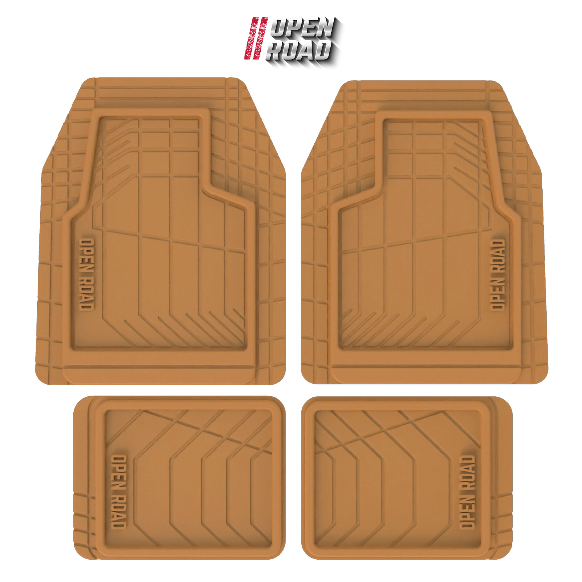Open Road All-Weather Car Floor Mats Set, Heavy Duty Trim-to-Fit Universal Floor Liners, Front and Rear, Tan/Black/Gray